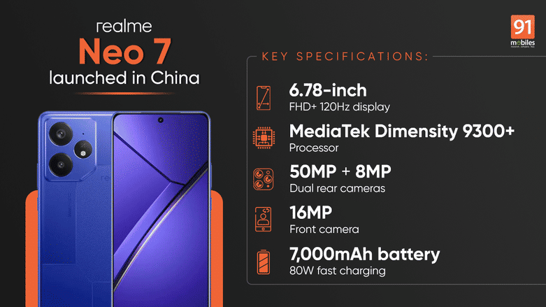 Realme Neo 7 with 7000mAh battery, MediaTek Dimensity 9300+ launched in China: price, specifications